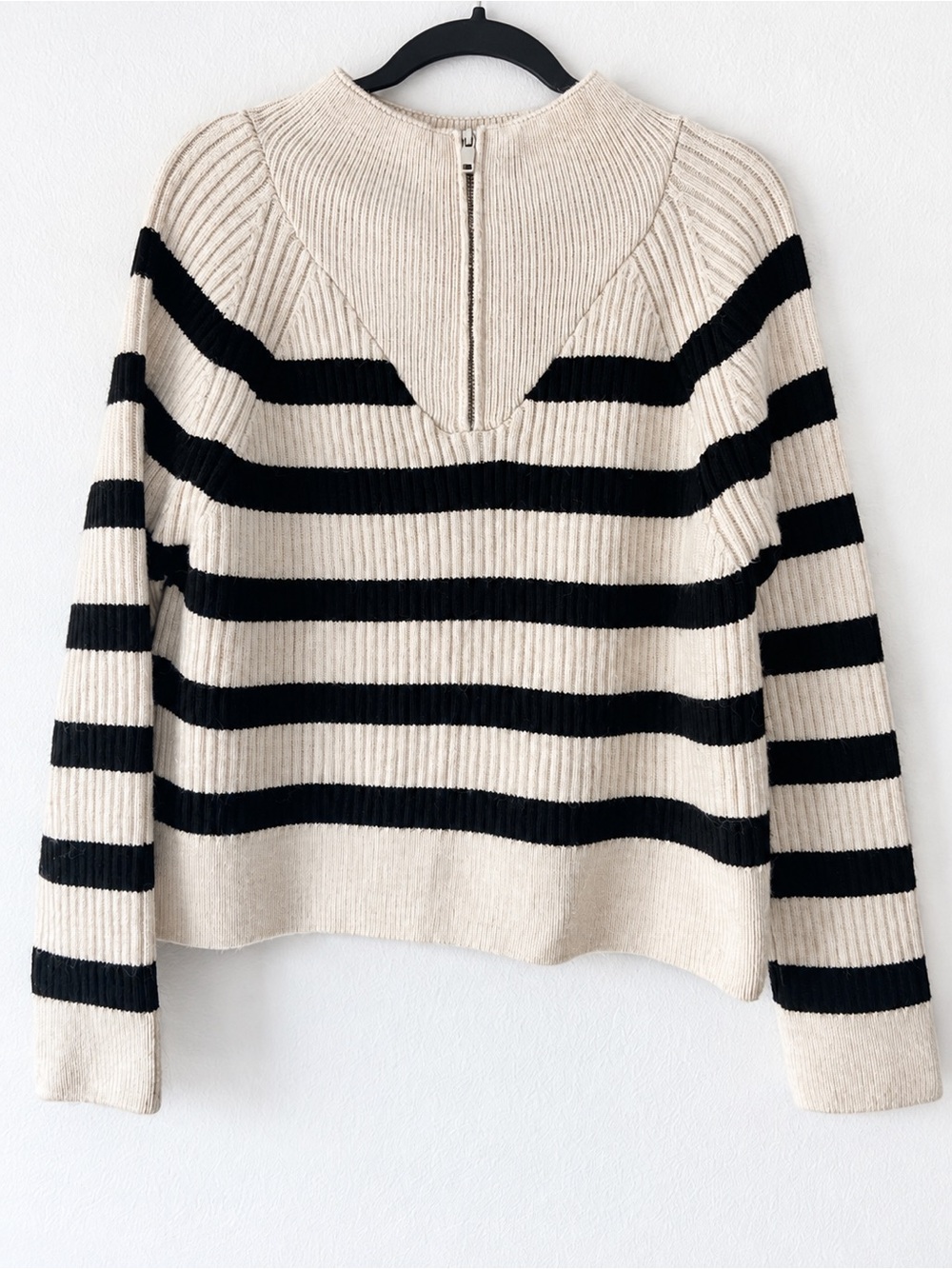 Zara Black Cream Striped Ribbed Knit Quarter Zip Sweater Size M